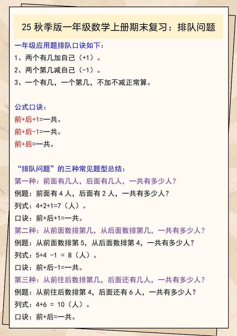 【2025秋新版】一年级数学上册期末复习：排队问题-悟思笔记，一个低调的学习营。