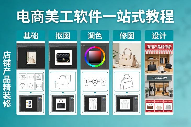 电商美工软件一站式教程，基础/抠图/调色/修图/设计，店铺产品精装修-悟思笔记，一个低调的学习营。