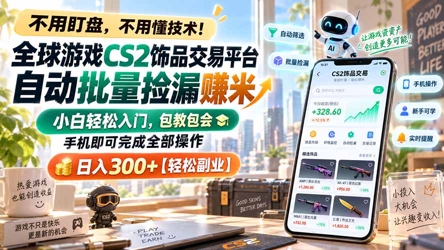 全球游戏CS2饰品交易平台自动批量捡漏赚米，小白轻松入门，包教包会，手机即可完成全部操作，日入300+【轻松副业】-悟思笔记，一个低调的学习营。