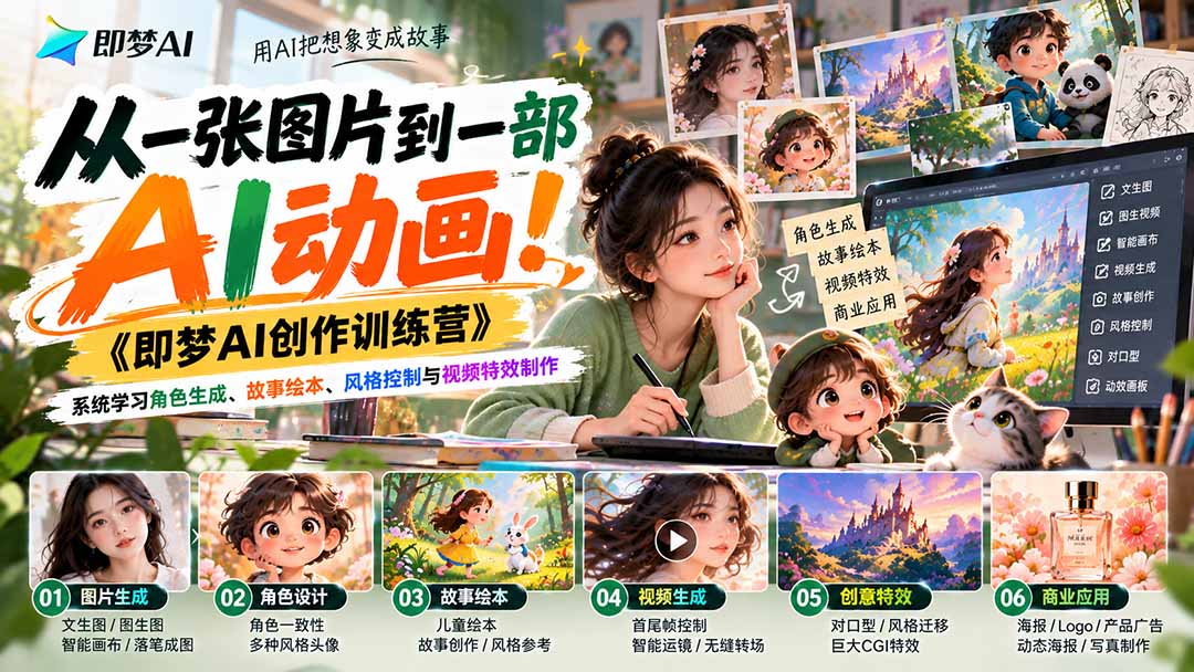 【无水印】从一张图片到一部AI动画！《即梦AI创作训练营》系统学习角色生成、故事绘本、风格控制与视频特效制作-悟思笔记，一个低调的学习营。