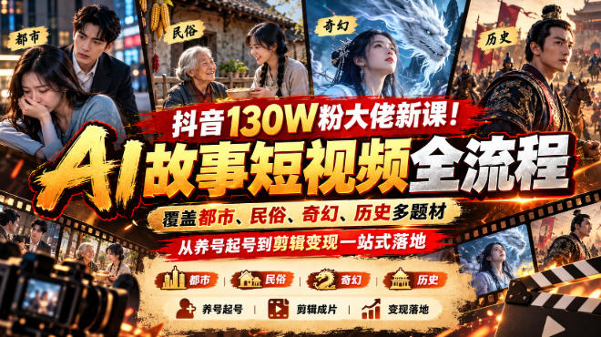 抖音130W粉大佬新课！AI故事短视频全流程，覆盖都市、民俗、奇幻、历史多题材，从养号起号到剪辑变现一站式落地-悟思笔记，一个低调的学习营。