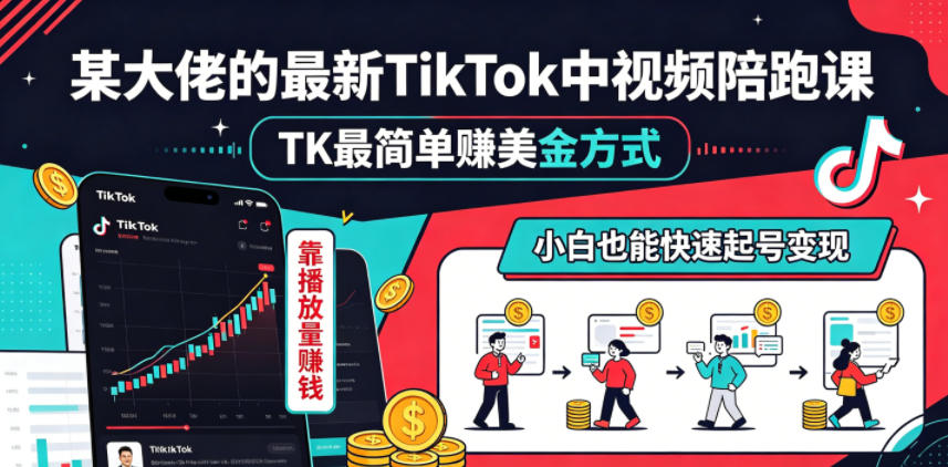 某大佬的最新TikTok中视频陪跑课，TK最简单賺美金方式，靠播放量賺钱，小白也能快速起号变现-悟思笔记，一个低调的学习营。