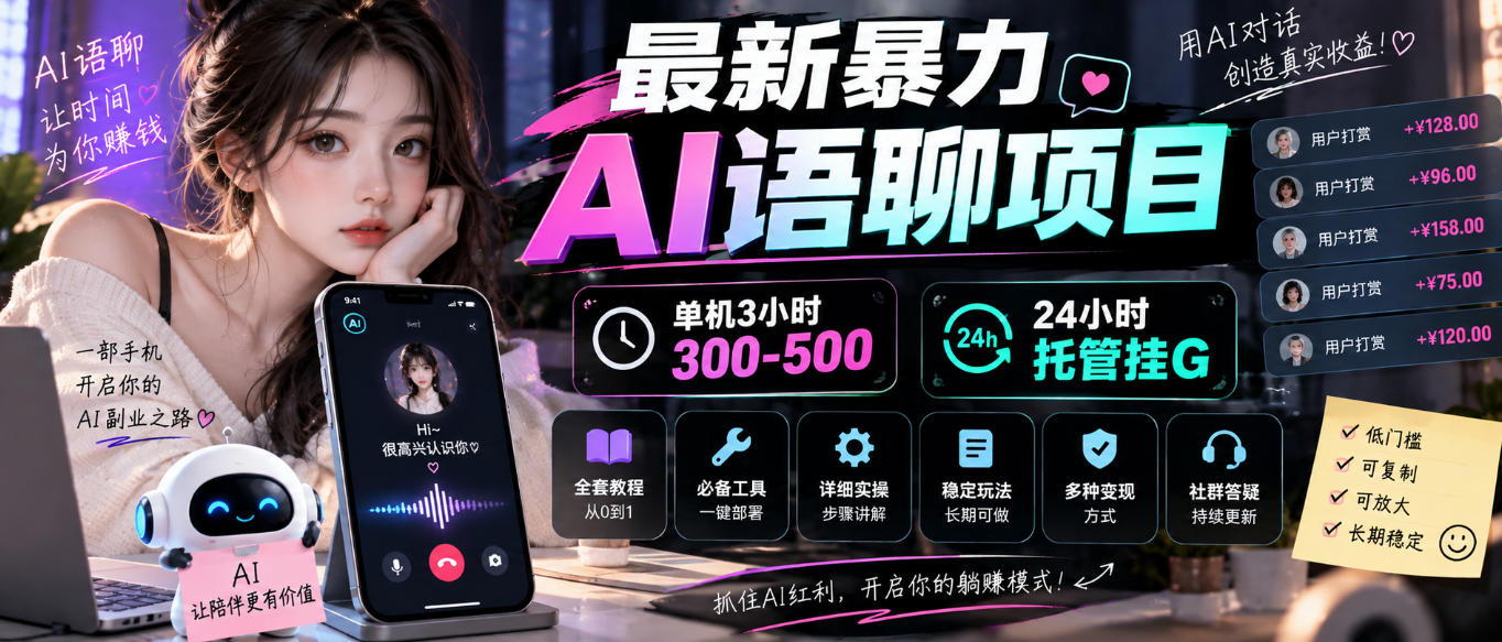 最新暴力AI语聊项目,单机3小时300-500,24小时托管挂G,附全套教程及工具【揭秘】