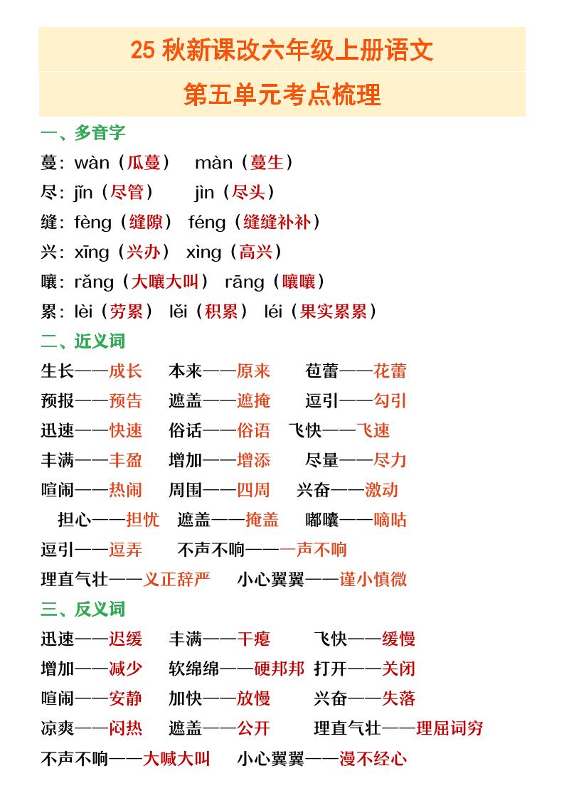 【2025秋新版】六年级上册语文第五单元重点考点梳理-悟思笔记，一个低调的学习营。