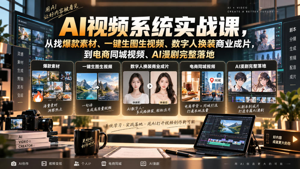 AI视频系统实战课，从找爆款素材、一键生图生视频、数字人换装商业成片，到电商同城视频、AI漫剧完整落地-悟思笔记，一个低调的学习营。