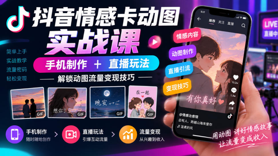 抖音情感卡动图实战课｜手机制作+直播玩法，解锁动图流量变现技巧-悟思笔记，一个低调的学习营。