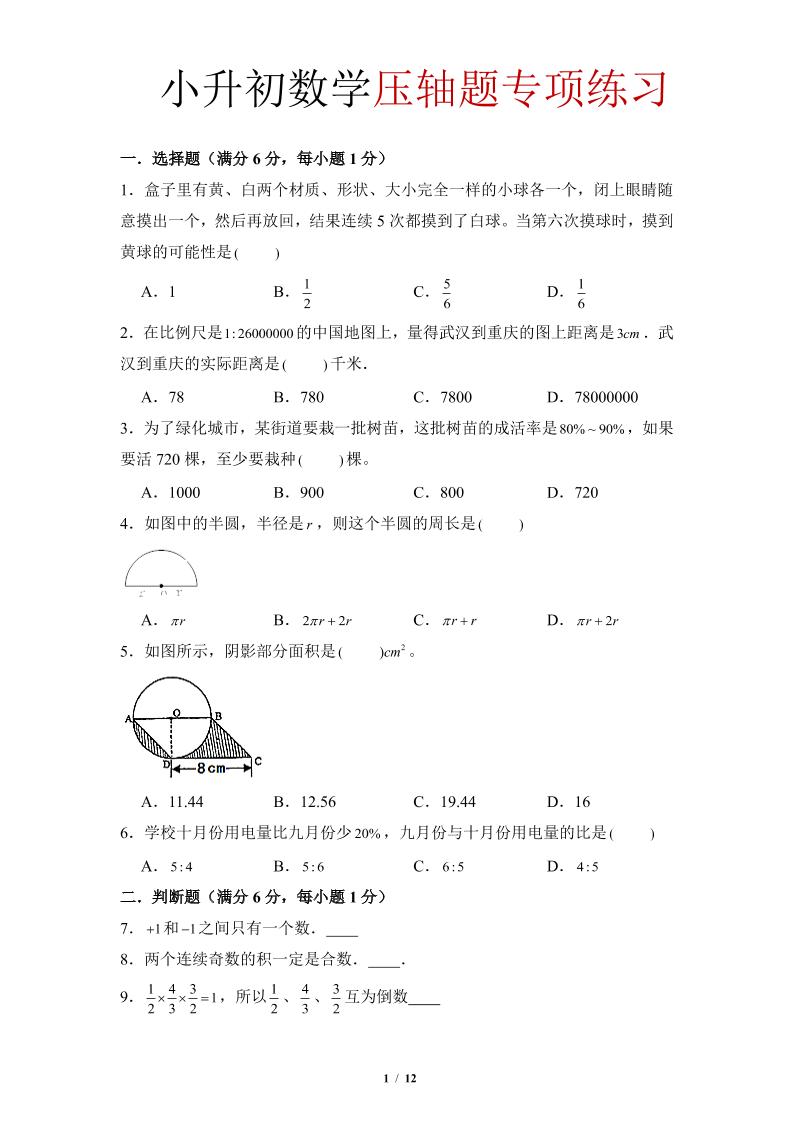 六年级下小升初数学压轴题专项练习-悟思笔记，一个低调的学习营。
