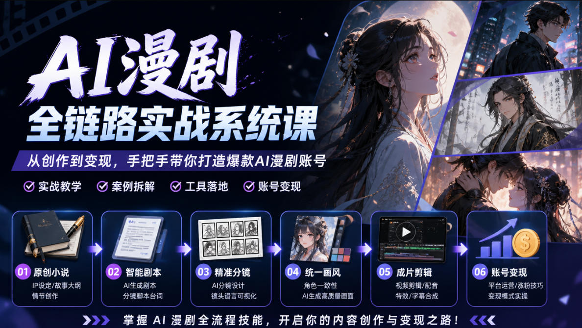 AI漫剧全链路实战系统课｜原创小说、智能剧本、精准分镜、统一画风、成片剪辑、账号变现实操教学(更新1018)-悟思笔记，一个低调的学习营。