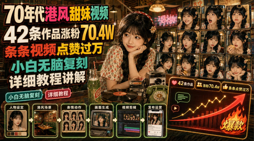 70年代港风甜妹视频，42条作品涨粉70.4W，条条视频点赞过万，小白无脑复刻，详细教程讲解-悟思笔记，一个低调的学习营。