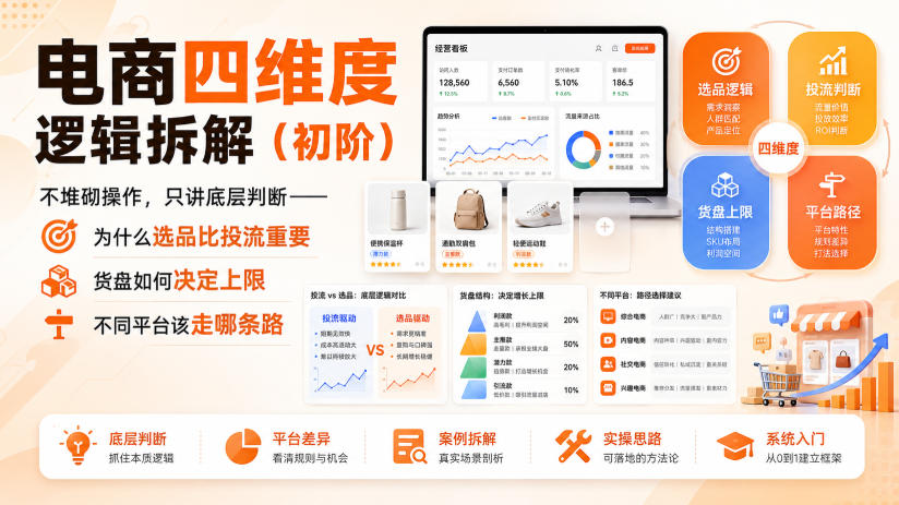 电商四维度逻辑拆解(初阶)不堆砌操作，只讲底层判断——为什么选品比投流重要、货盘如何决定上限、不同平台该走哪条路-悟思笔记，一个低调的学习营。