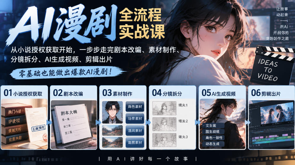 AI漫剧全流程实战课｜从小说授权获取开始，一步步走完剧本改编、素材制作、分镜拆分、AI生成视频、剪辑出片全流程-悟思笔记，一个低调的学习营。