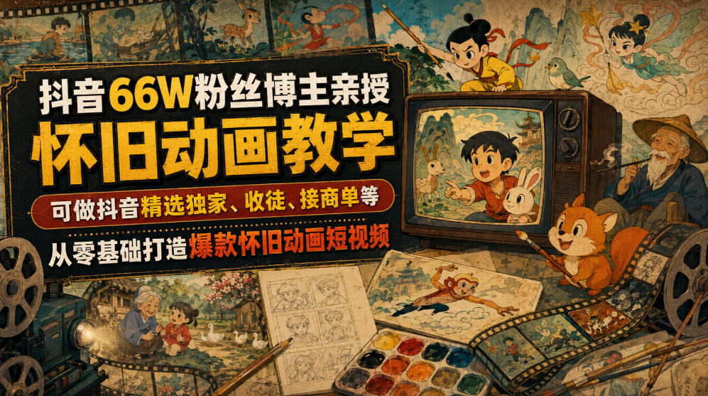 抖音66W粉丝博主亲授怀旧动画教学，可做抖音精选独家、收徒、接商单等，从零基础打造爆款怀旧动画短视频-悟思笔记，一个低调的学习营。