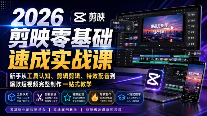 2026剪映零基础速成实战课｜新手从工具认知、剪辑剪辑、特效配音到爆款短视频完整制作一站式教学-悟思笔记，一个低调的学习营。