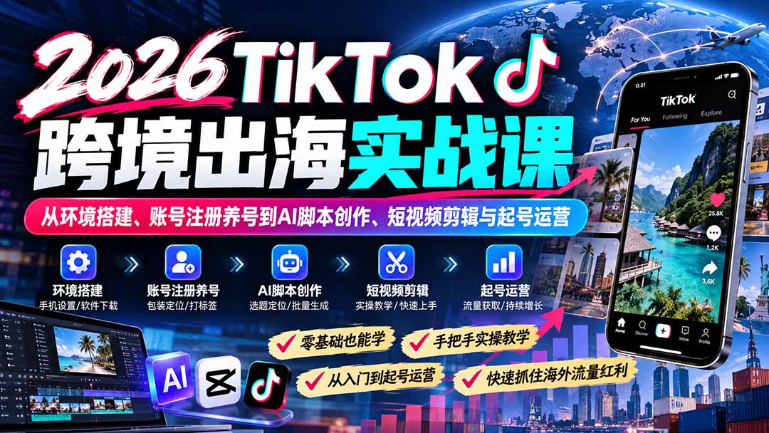 2026TikTok跨境出海实战课：从环境搭建、账号注册养号到AI脚本创作、短视频剪辑与起号运营-悟思笔记，一个低调的学习营。