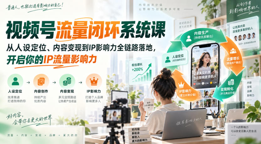 视频号流量闭环系统课，从人设定位、内容变现到IP影响力全链路落地，开启你的IP流量影响力-悟思笔记，一个低调的学习营。