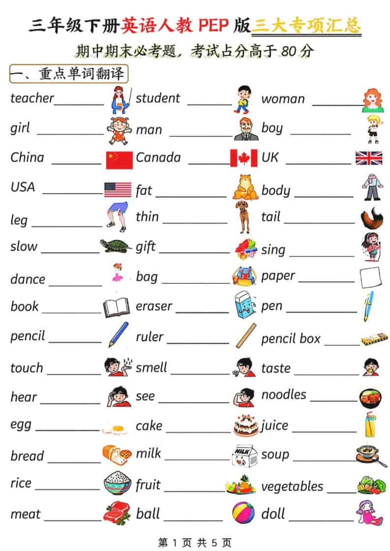 三年级下英语三大专项汇总《人教PEP版》-悟思笔记，一个低调的学习营。