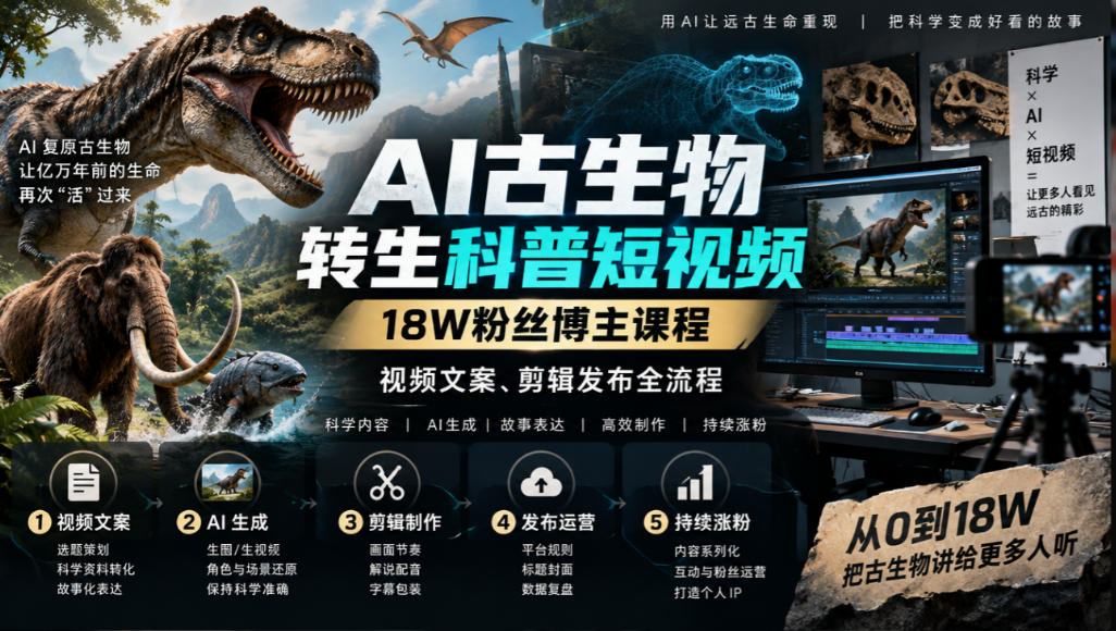 AI古生物转生科普短视频，18W粉丝博主课程，视频文案、剪辑发布全流程-悟思笔记，一个低调的学习营。