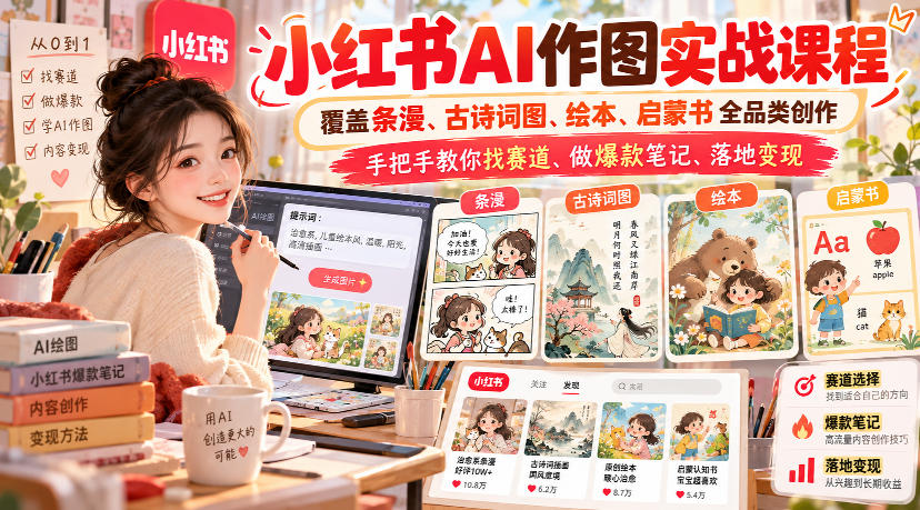 小红书AI作图实战课程，覆盖条漫、古诗词图、绘本、启蒙书全品类创作，手把手教你找赛道、做爆款笔记、落地变现-悟思笔记，一个低调的学习营。