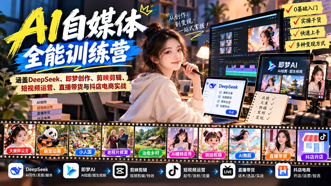 【无水印】AI+自媒体全能训练营：涵盖DeepSeek、即梦创作、剪映剪辑、短视频运营、直播带货与抖店电商实战-悟思笔记，一个低调的学习营。