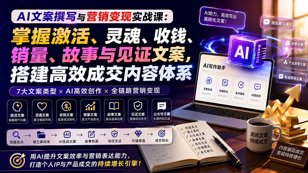 AI文案撰写与营销变现实战课：掌握激活、灵魂、收钱、销量、故事与见证文案，搭建高效成交内容体系-悟思笔记，一个低调的学习营。
