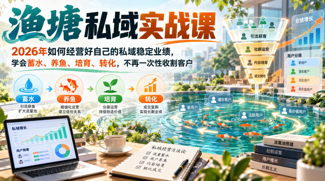 渔塘私域实战课，2026年如何经营好自己的私域稳定业绩，学会蓄水、养鱼、培育、转化，不再一次性收割客户-悟思笔记，一个低调的学习营。