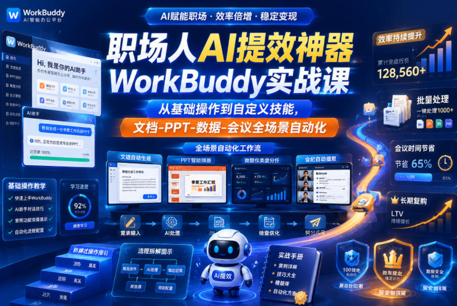 职场人AI提效神器WorkBuddy实战课，从基础操作到自定义技能，文档-PPT-数据-会议全场景自动化-悟思笔记，一个低调的学习营。