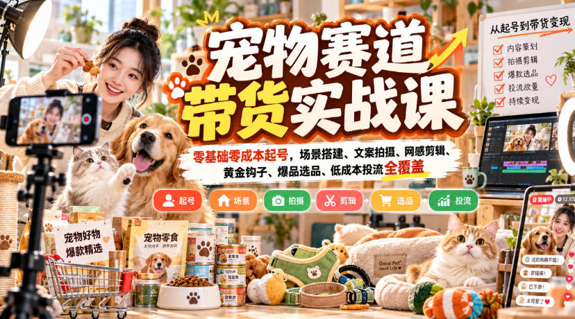 宠物赛道带货实战课，零基础零成本起号，场景搭建、文案拍摄、网感剪辑、黄金钩子、爆品选品、低成本投流全覆盖-悟思笔记，一个低调的学习营。