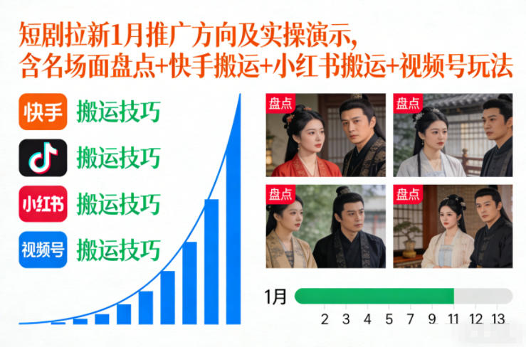 短剧拉新1月推广方向及实操演示，含名场面盘点+快手搬运+小红书搬运+视频号玩法-悟思笔记，一个低调的学习营。