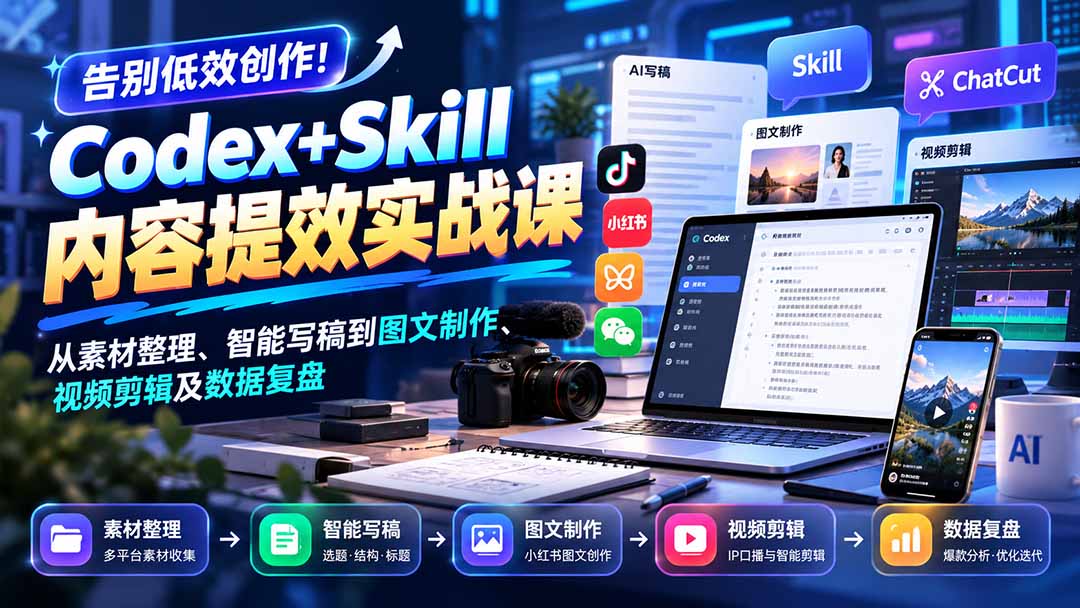 【无水印】告别低效创作！Codex+Skill内容提效实战课：从素材整理、智能写稿到图文制作、视频剪辑及数据复盘-悟思笔记，一个低调的学习营。