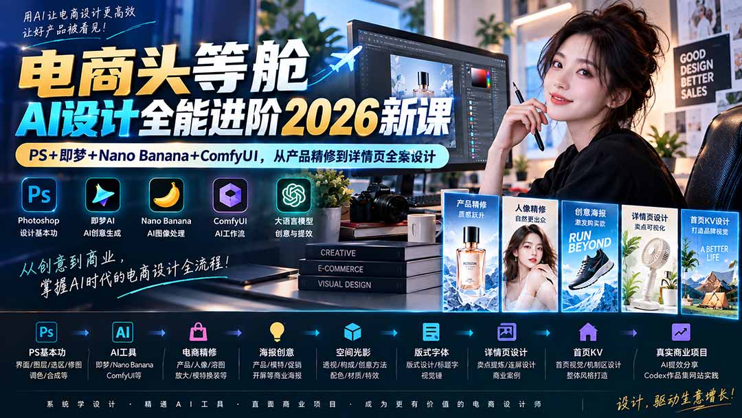 电商头等舱AI设计全能进阶2026新课：PS+即梦+Nano Banana+ComfyUI，从产品精修到详情页全案设计-悟思笔记，一个低调的学习营。