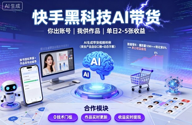 快手黑科技AI带货，你提供账号，我提供作品并发布，单日2-5张【揭秘】-悟思笔记，一个低调的学习营。