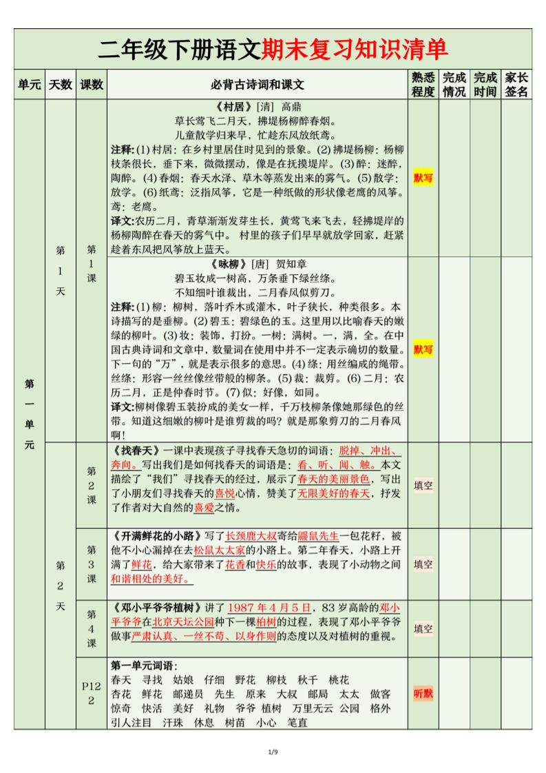 二年级下语文期末复习计划清单-悟思笔记，一个低调的学习营。