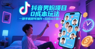 抖音男粉项目0成本玩法，一部手机即可操作，日均4张+，时间自由-悟思笔记，一个低调的学习营。