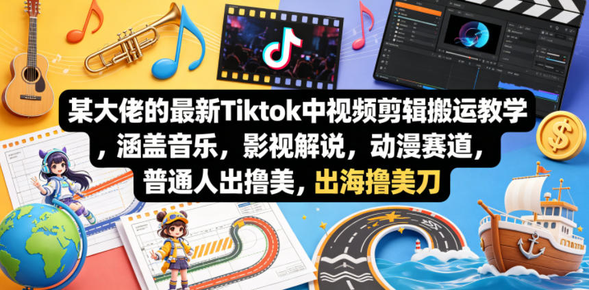 某大佬的最新Tiktok中视频剪辑搬运教学，涵盖音乐，影视解说，动漫赛道，普通人出海撸美刀-悟思笔记，一个低调的学习营。