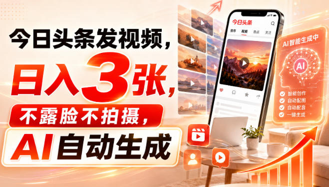 今日头条发视频，日入3张，不露脸不拍摄，AI自动生成-悟思笔记，一个低调的学习营。