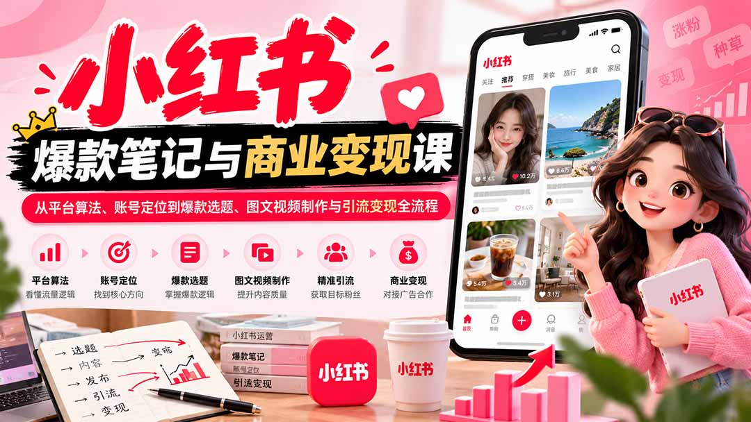 2026小红书爆款笔记与商业变现课：从平台算法、账号定位到爆款选题、图文视频制作与引流变现全流程-悟思笔记，一个低调的学习营。