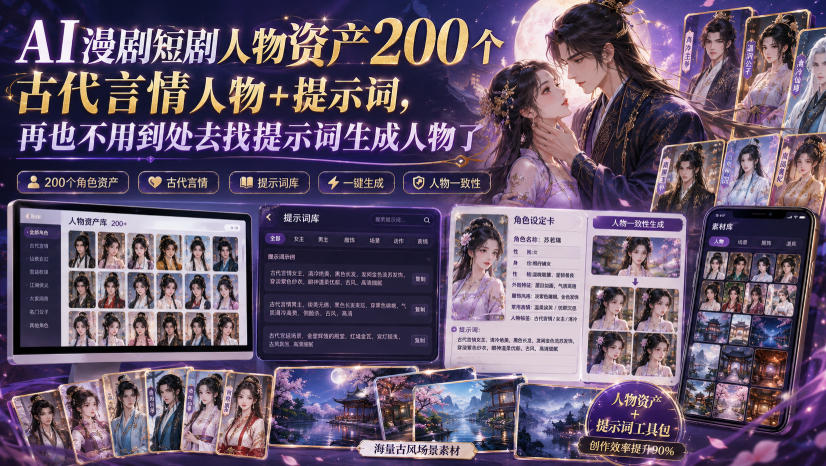 AI漫剧短剧人物资产200个古代言情人物+提示词，再也不用到处去找提示词生成人物了-悟思笔记，一个低调的学习营。
