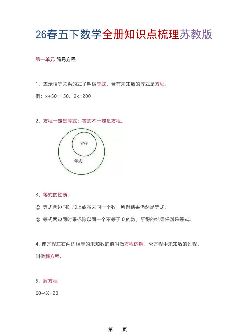26春五年级下数学全册知识点梳理《苏教版》-悟思笔记，一个低调的学习营。