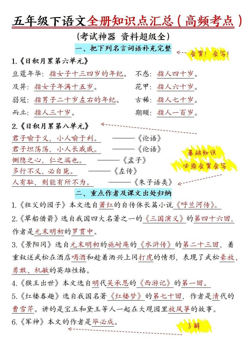 五年级下语文期末全册知识点汇总高频考点-悟思笔记，一个低调的学习营。