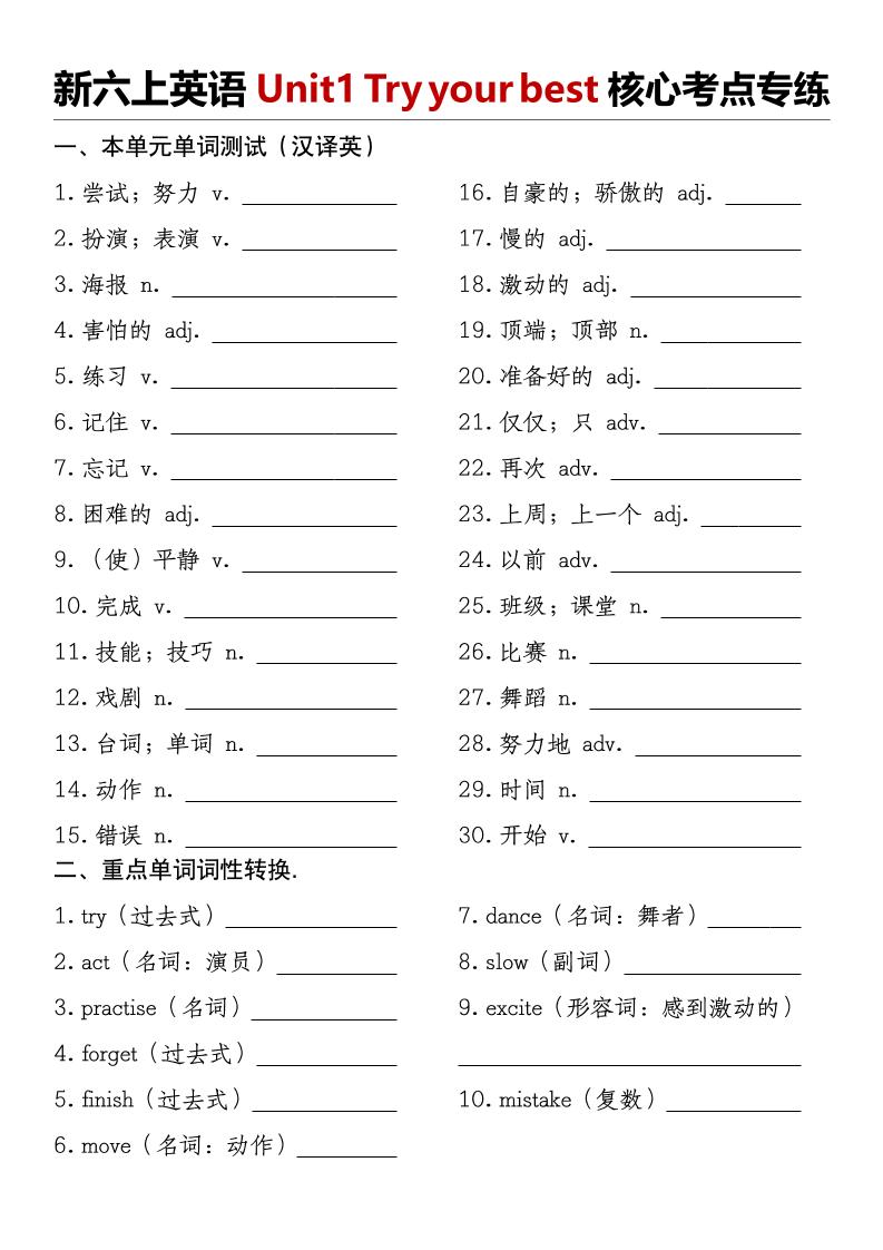 译林版《新六上英语Unit1Tryyourbest核心考点专练》-悟思笔记，一个低调的学习营。