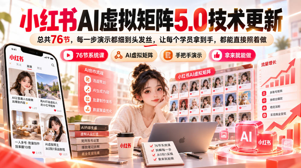 小红书AI虚拟矩阵5.0技术更新，总共76节，每一步演示都细到头发丝，让每个学员拿到手，都能直接照着做-悟思笔记，一个低调的学习营。