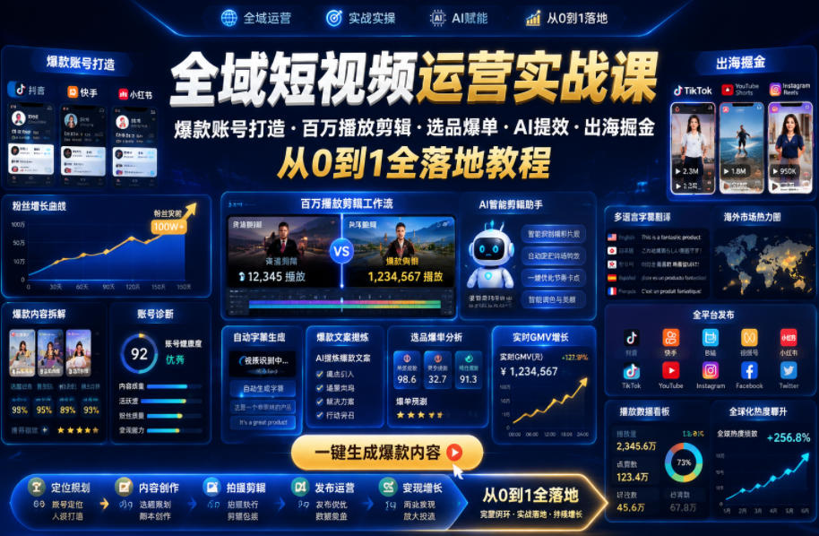全域短视频运营实战课，爆款账号打造・百万播放剪辑・选品爆单・AI提效・出海掘金，从0到1全落地教程-悟思笔记，一个低调的学习营。