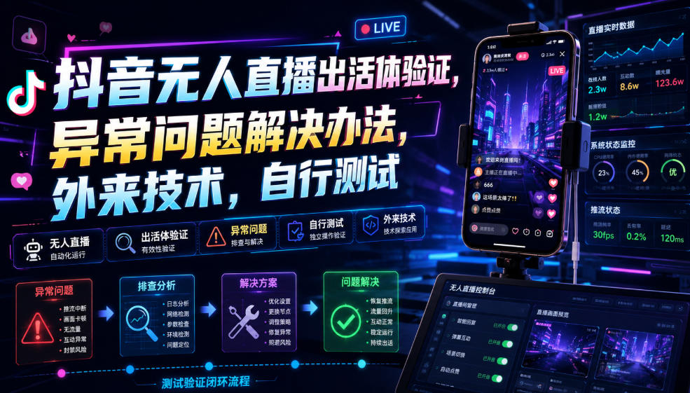 抖音无人直播出活体验证，异常问题解决办法，外来技术，自行测试-悟思笔记，一个低调的学习营。