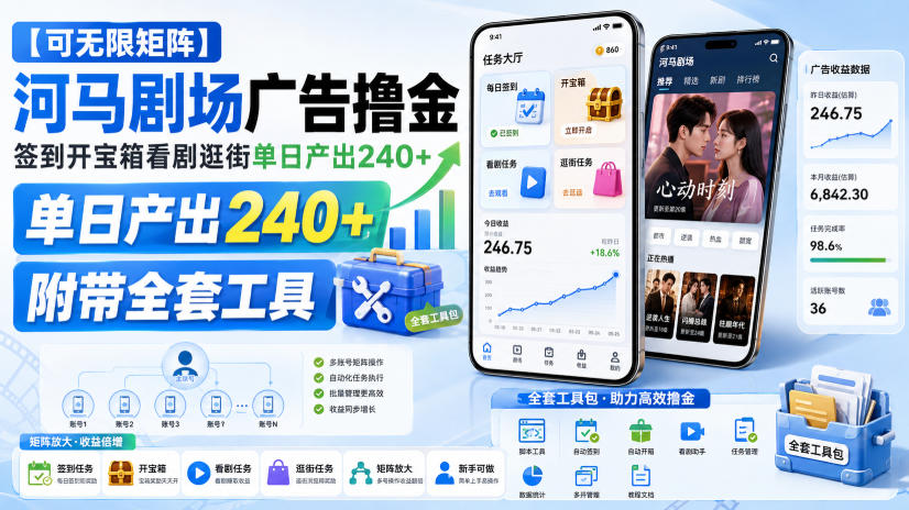 【可无限矩阵】河马剧场广告撸金，签到开宝箱看剧逛街单日产出240+，附带全套工具【揭秘】-悟思笔记，一个低调的学习营。