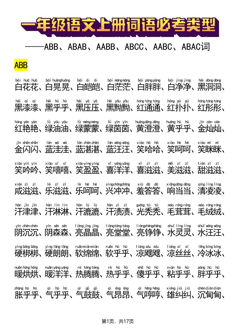 新一上语文词语必考类型(ABB、ABAB、AABB、ABCC、AABC、ABAC、ABCB类词语)17页-悟思笔记，一个低调的学习营。