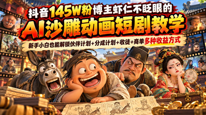 抖音145W粉博主虾仁不眨眼的AI沙雕动画短剧教学，新手小白也能解锁伙伴计划+分成计划+收徒+商单多种收益方式-悟思笔记，一个低调的学习营。