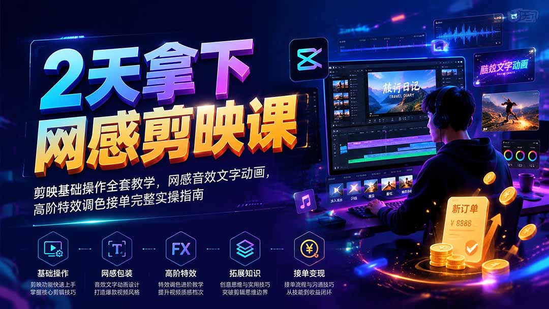 2天拿下网感剪辑课｜剪映基础操作全套教学，网感音效文字动画，高阶特效调色接单完整实操指南-悟思笔记，一个低调的学习营。