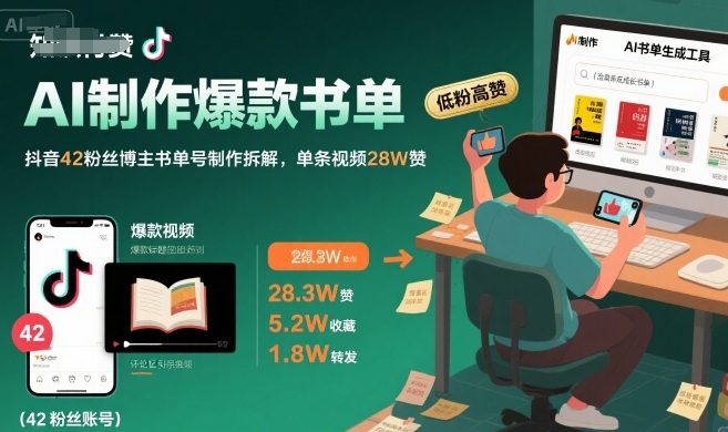 AI制作爆款书单，抖音42粉丝博主书单号制作拆解，单条视频28W赞-悟思笔记，一个低调的学习营。