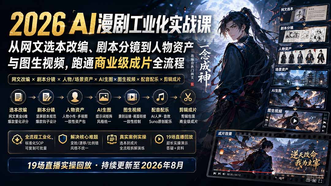 2026 AI漫剧工业化实战课-更新：从网文选本改编、剧本分镜到人物资产与图生视频，跑通商业级成片全流程-悟思笔记，一个低调的学习营。