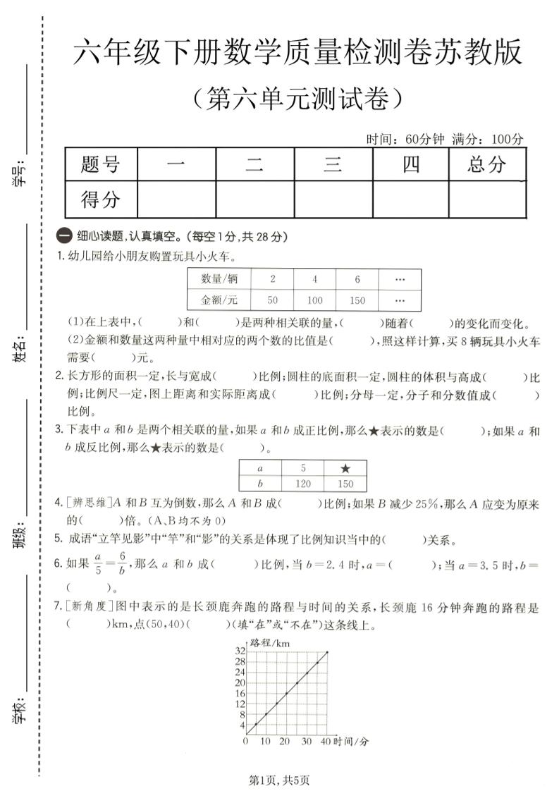 六年级下数学第六单元质量检测卷1《苏教版》-悟思笔记，一个低调的学习营。